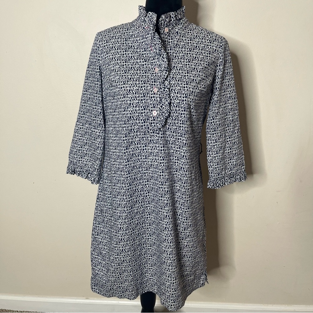 Lilly Pulitzer‎ Brinkley Shirt Dress Navy White 3/4 Ruffle Sleeves Belted 0 NWOT
